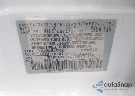 2020 Nissan Sentra Sv Xtronic Cvt z USA, uszkodzony, nr VIN 3N1AB8CV4LY270057